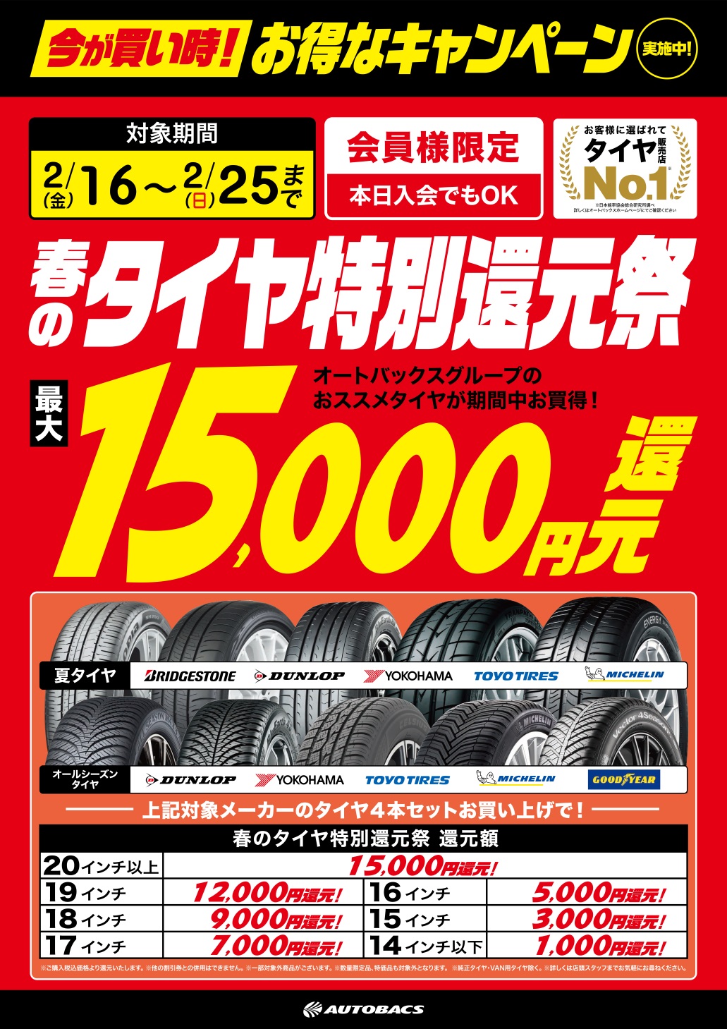 「春のタイヤ特別還元祭」最大15,000円還元! ! お見逃しなく！ | スーパーオートバックス大宮バイパス｜オフィシャルサイト